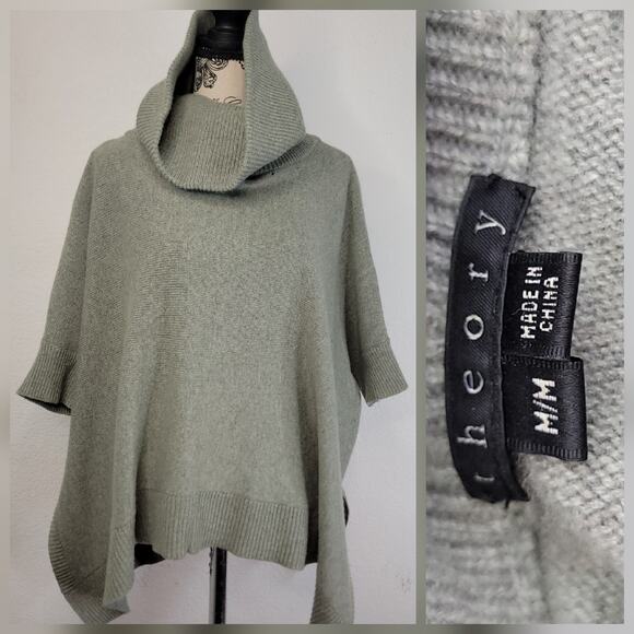 Theory Cashmere Pullover Knit Poncho Sweater Sz Medium Turtleneck Green - Picture 1 of 11